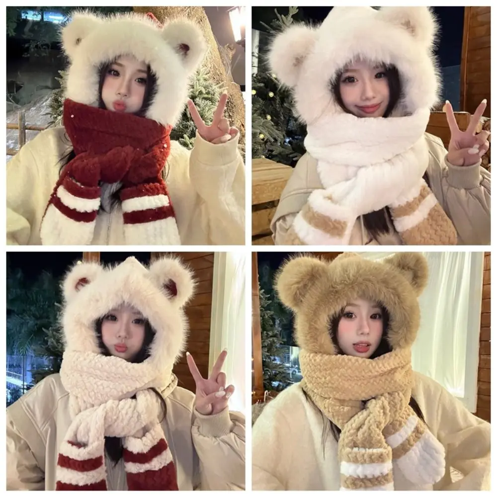 High-Value Bear Protection Hat Soft Plush Pullover Integrated Cap Gloves Scarf Thickened Design Windproof Ear Protection Hat