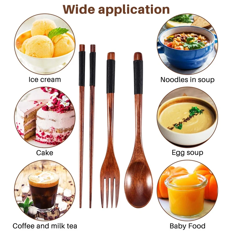 Wooden Flatware Set, Wooden Portable Set Chopsticks Spoon Fork Tableware Dinnerware With Black Twining Thread