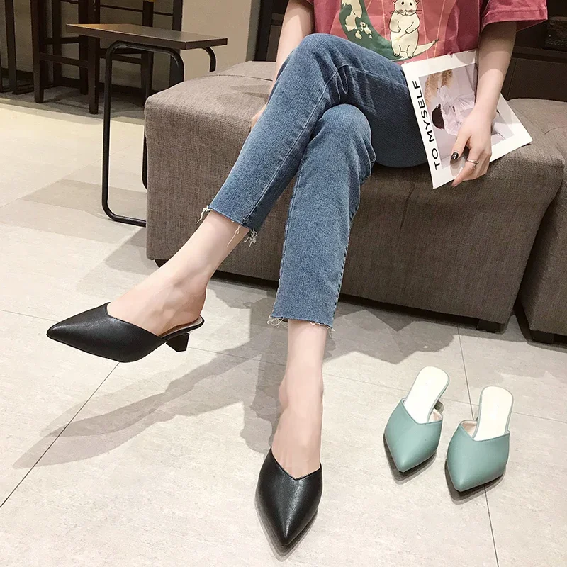 Thin Heels Pointed Toe Female Shoes Ladies\' Slippers Low Shallow Mules For Women Luxury Slides New Designer Fashion Bas