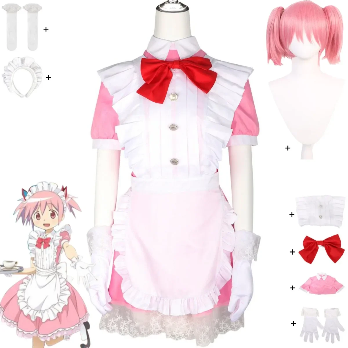 Anime Puella Magi Madoka Magica Kaname Madoka Cosplay Costume Pink Maid Dress Lolita Wig Adult Woman Cute Christmas Suit