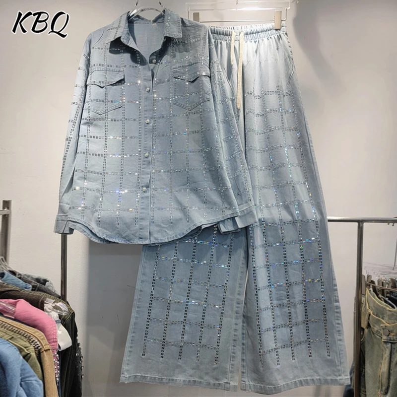 

KBQ Spliced Sequins Denim Two Piece Sets For Women Lapel Long Sleeve Tops High Waist Wide Leg Pants Design Sets Female Fashion