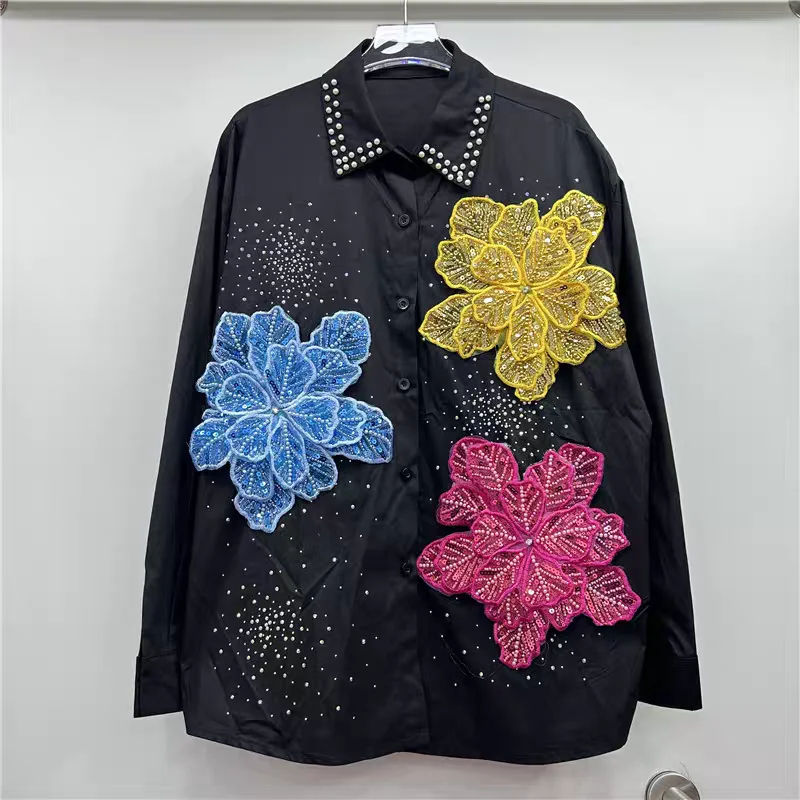 

Trendy Women's Nail Beading Spliced 3D Flower Shirt 2025 Autumn Long Sleeves Lapel Blouse Female