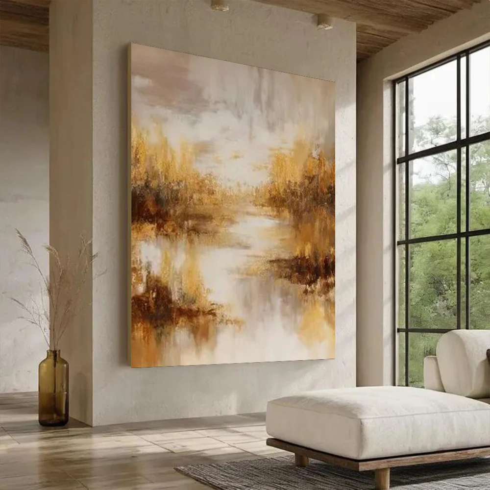 Abstract Mountain Landscape Oil Painting on Canvas - Golden Sunlit Big Wall Art Decor for Living Room And Home Porch