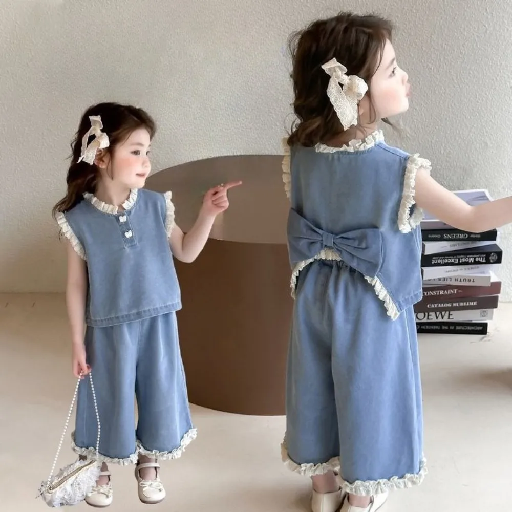 صيف جديد النسخة الكورية الدانتيل المرقعة تقليد سترة جينز وسراويل قطعتين مجموعة 2-7 سنوات القوس ملابس الفتيات عادية #6