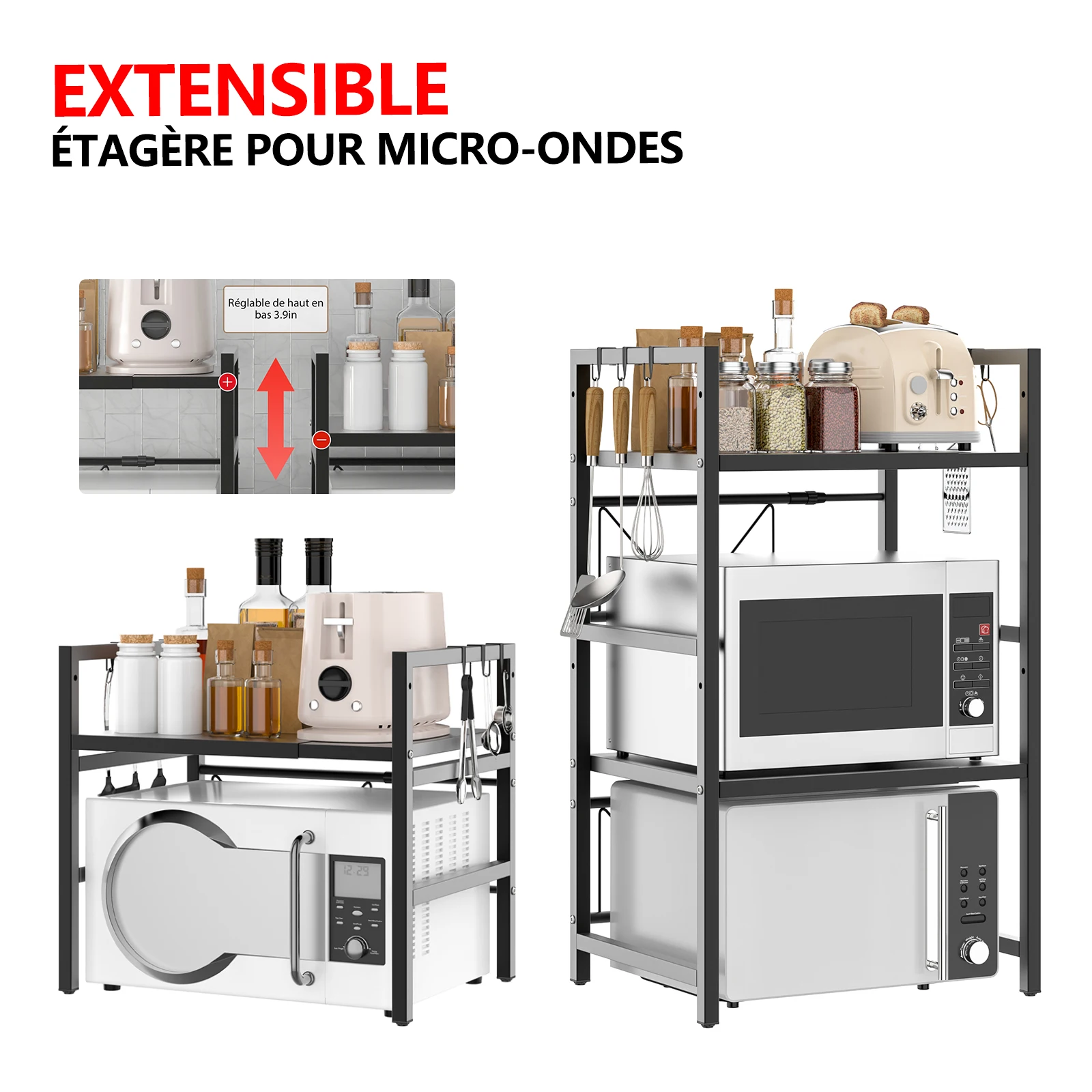 Étagère à micro-ondes à 2 niveaux, support de four à micro-ondes ajustable et extensible, étagère de rangement pour la cuisine, étagère en acier au carbone, 6 crochets