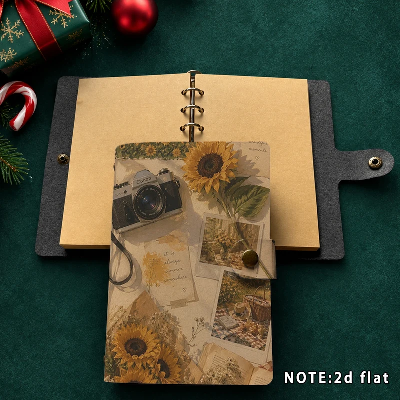 Vintage Sunflower Camera Collage Notebook PU Snap Button Journal A6 Retro Summer Picnic Print Diary Planner Stationery Gift