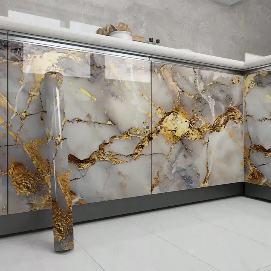 Glossy Grey White Gold Foil Marble Contact Paper Peel & Stick Waterproof Wallpaper for Kitchen Cabinet Countertop Decor