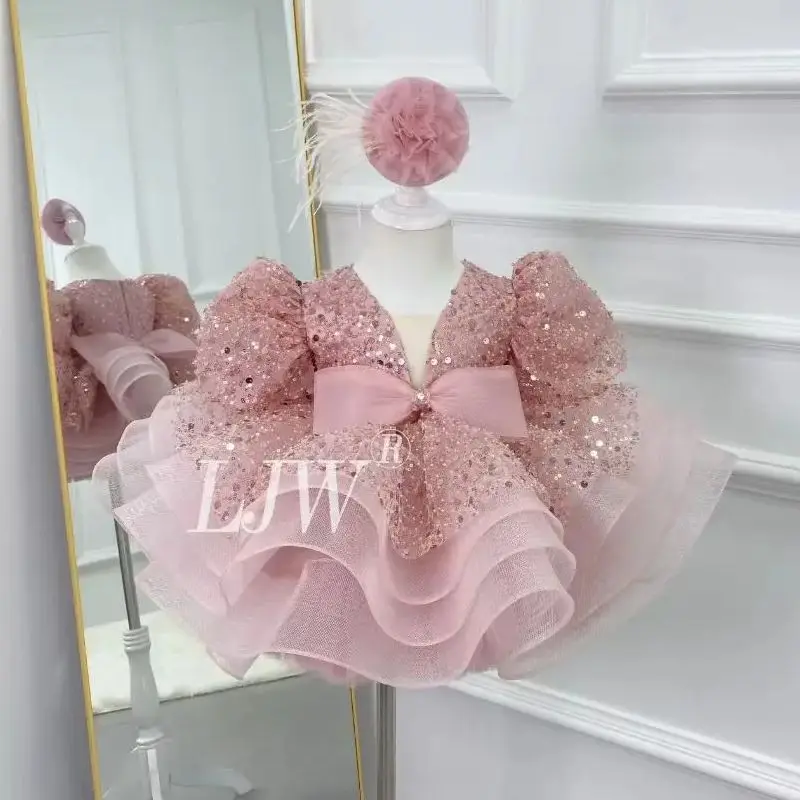 elegant fluffy butterfly puff sleeves V-neck princess dress girl bridesmaid sequins wedding flower girl dress beauty pageant bir