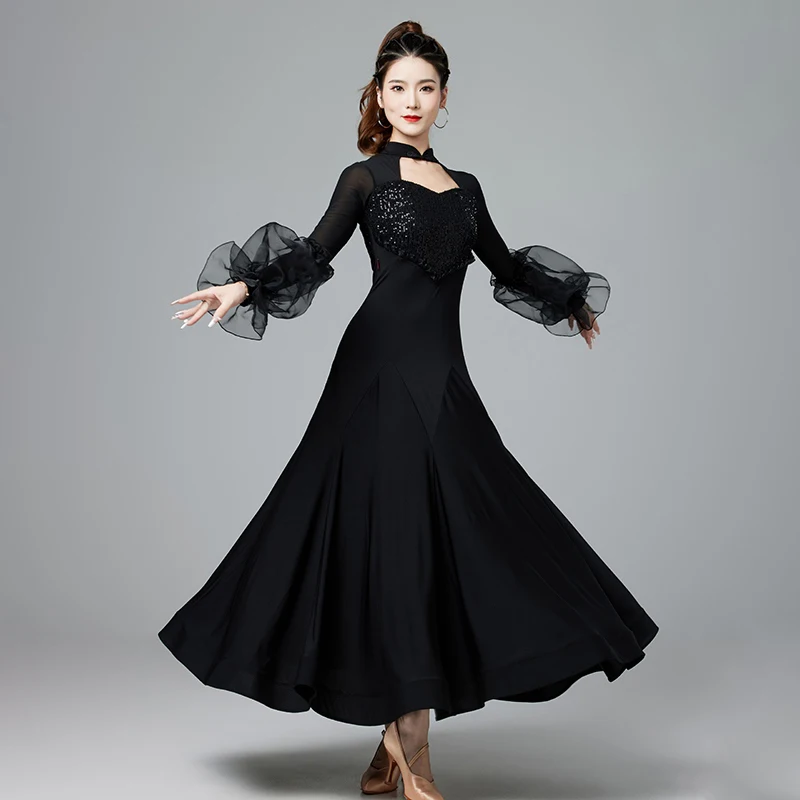 Ballroom Dancing Dress 3 Colors Sequins Waltz Dance Performance Wear Mesh Puff Sleeve Tango Standard Dancing Dresses VDB7726