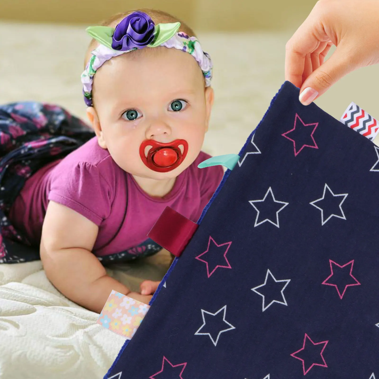 منشفة مهدئة ناعمة متعددة الألوان على شكل حبة لعب حسية للرضع ومناديل للأطفال أثناء التسنين