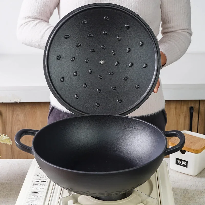 Sunflower 28cm Cast Iron Embossed Pot Thickened Household Stew Pot Uncoated Soup Pot Non-stick Enamel Frying Pan