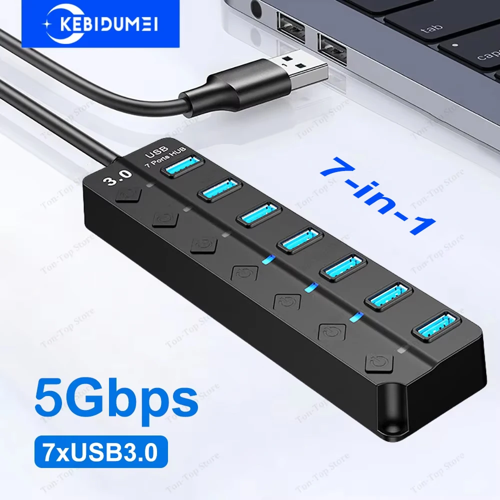 

USB 3.0 Hub 5Gbps High Speed 7 Ports USB Hub Multiple Expander Hub Multi USB Splitter with Independent on/off Switch for PC