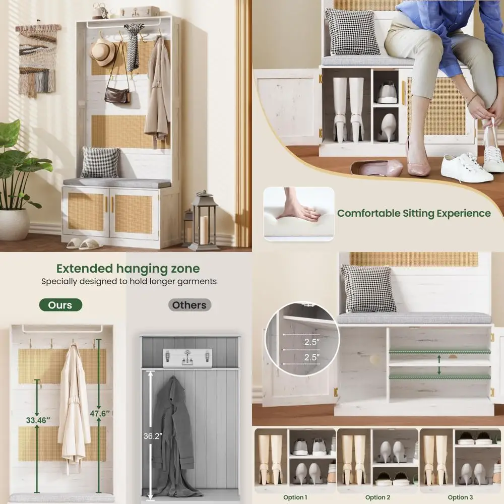 مقعد المدخل مع مساحة تخزين الأحذية، رف المعاطف، مقعد مبطن، 7 خطافات، رف قابل للتعديل - حل تخزين شجرة القاعة الواسعة 31.5 #1