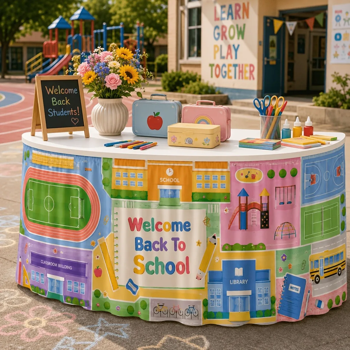 Party tablecloth, school skirt, 1pc polyester. Welcome back to school. Campus buildings. Playgro. Sports field.