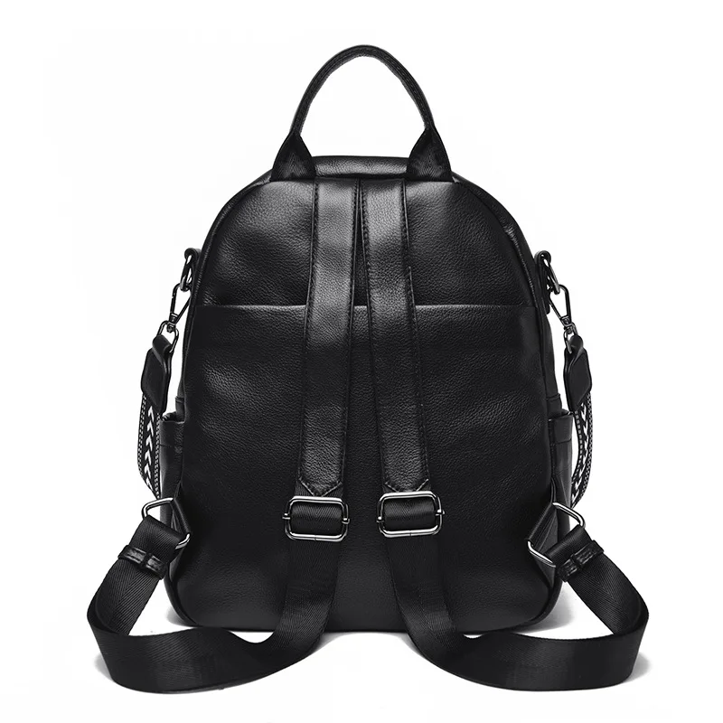 Women Black Genuine Cowhide Leather Backpack Anti Theft Convertible Shoulder Bag with Front Pocket for Daily Travel