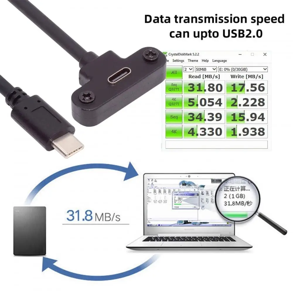 USB 2.0 Tyep C Panel Mount Adapter Cable 90 Degree Angle USB C Male to Female Extension CableUSB 2.0 Type C Cable 1ft/30cm