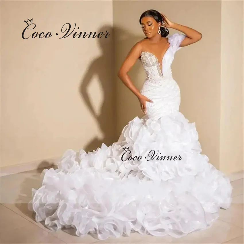 

Customized Ruffle Train Fashion Mermaid Wedding Dress 2026 New Sexy V Neck One Shoulder Africa weddings dresses bridal W1490