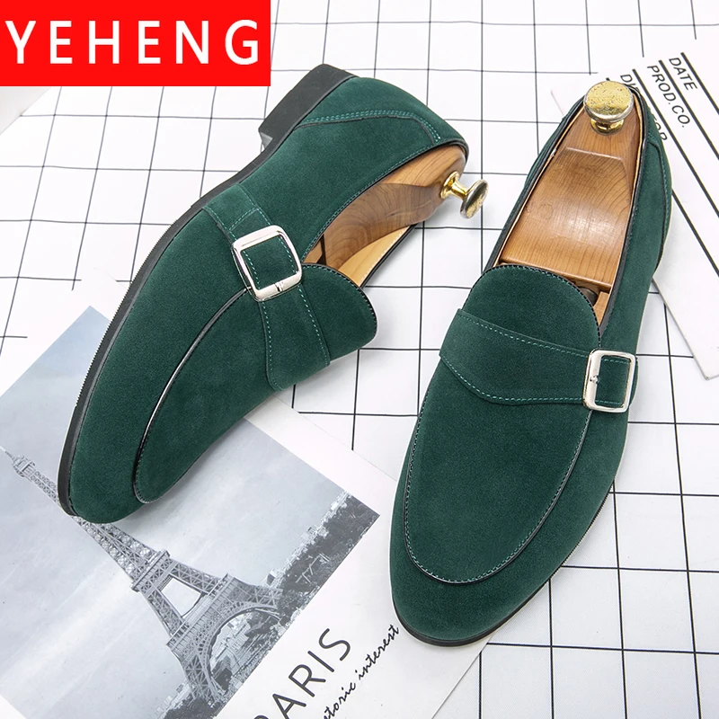Mocassini da uomo di marca di lusso fibbia scarpe in pelle smerigliata moda scarpe eleganti da uomo nero verde ufficio da sposa scarpe basse Casual