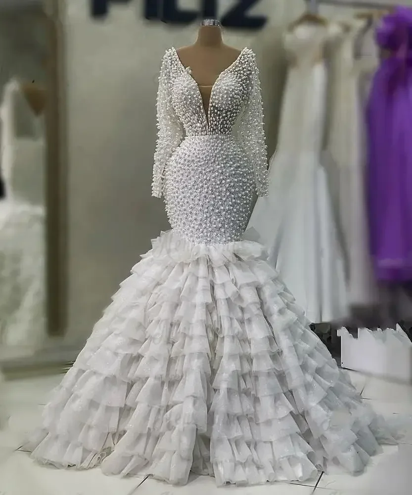 Customized  Deep V Neck Full Pearls Mermaid Wedding Dresses Sweep Train Long Sleeves Tulle Multi-Layered Ruffles Bridal Gown