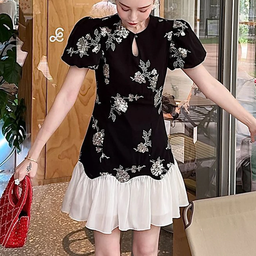 

High-end design sequin embroidery new Chinese style splicing dress waist and thin skirt sexy dress Slim