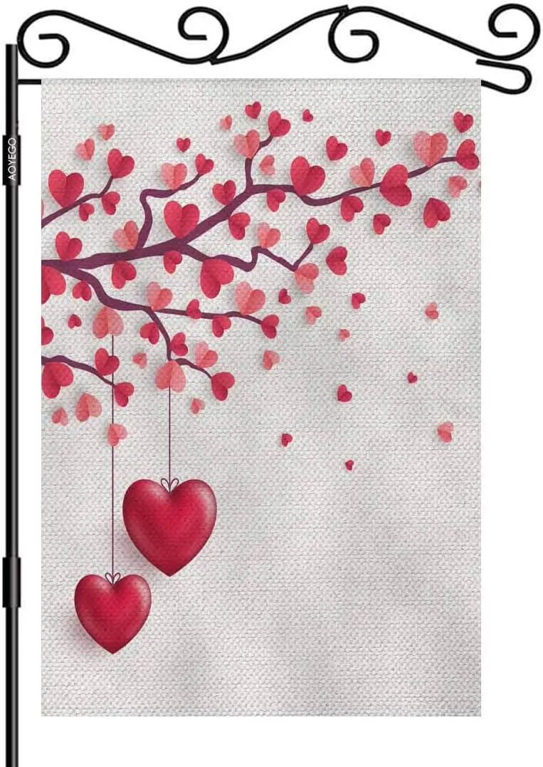 AOYEGO Valentines Day Small Garden Flag Vertical Double Sided 12.5 x 18 Inch Tree with Paper Leaves and Hanging Hearts Happy EEZ