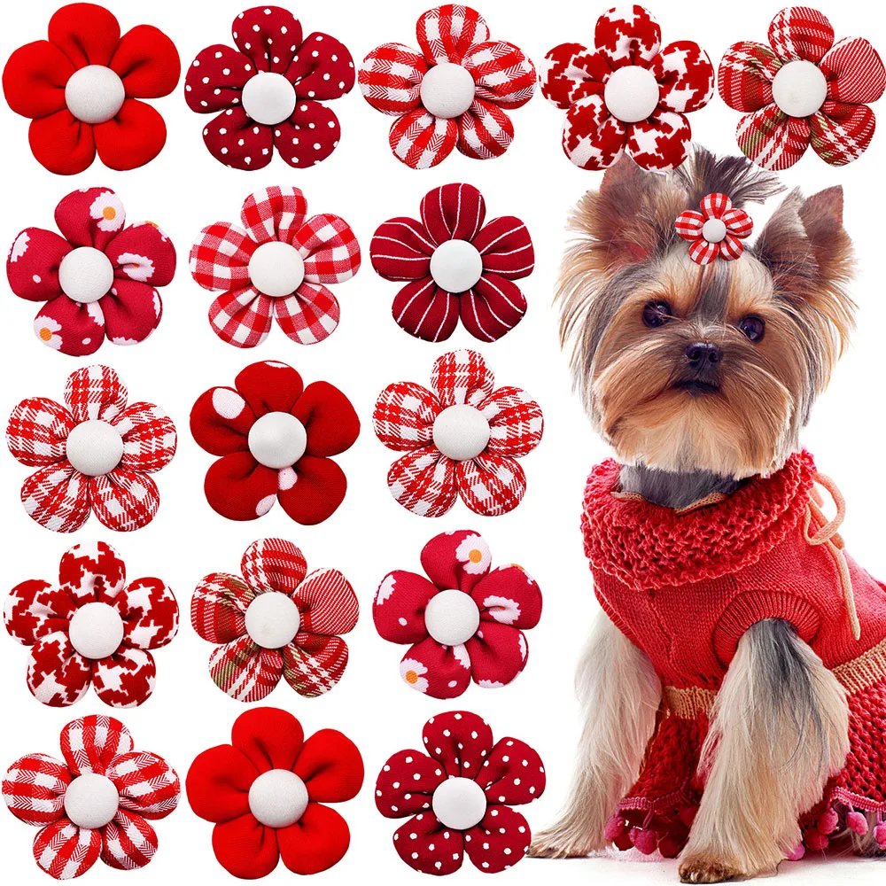 10/20pcs Flower Dog Hair Bow Red Style Valentine\'s Day Decorate Dog Bowknot with Rubber Bands for Small Dog Puppy Accessories