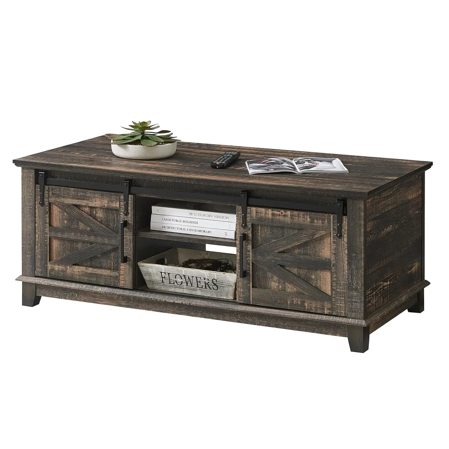 Mesa de centro de granja con puertas corredizas de granero y gabinete de almacenamiento para sala de estar, mesa central moderna de 48", estantes ajustables