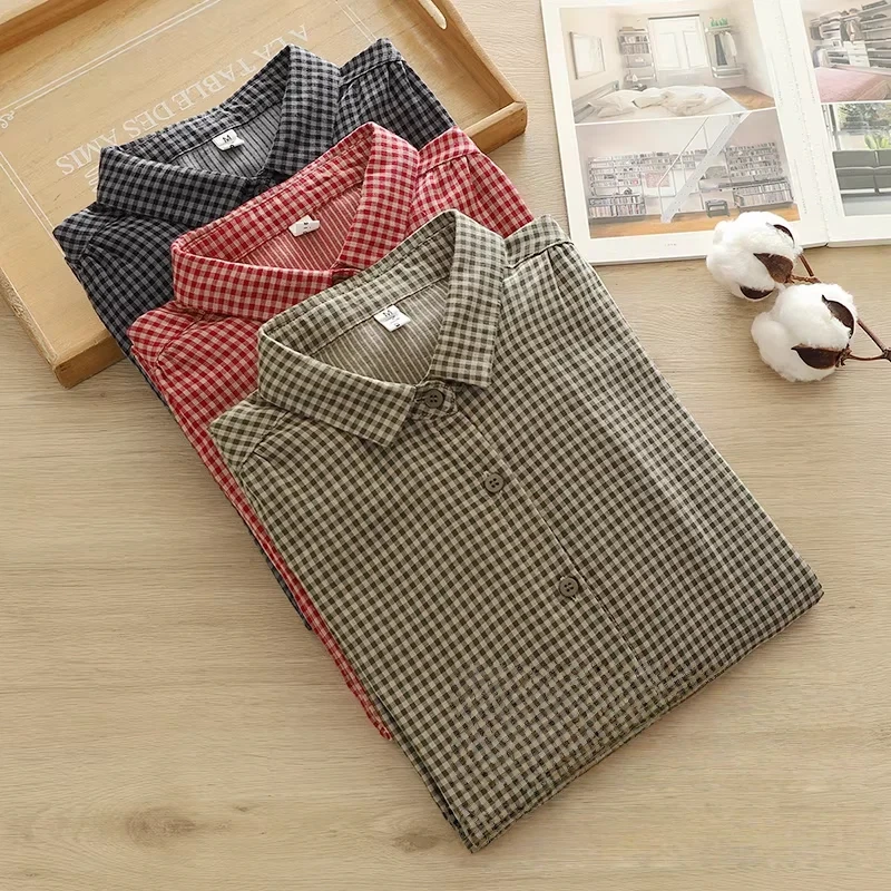 2026 Mori girl style red black checkered shirts and blouses for women spring Japan fashion cotton yarn vintage long sleeve tops