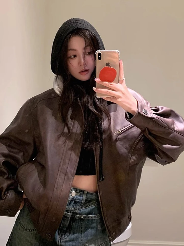 

Luxury Sheepskin Real Leather Jacket Women's Vintage Loose Casual American Style Square Collar Leather Jacket