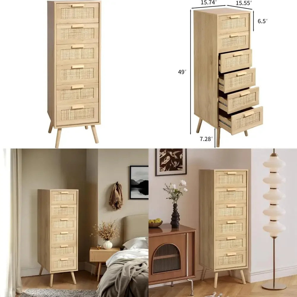 rattan dresser for bedroom, tall dresser with 6 hand made rattan decorated drawers, small chest of drawers for living room, clo