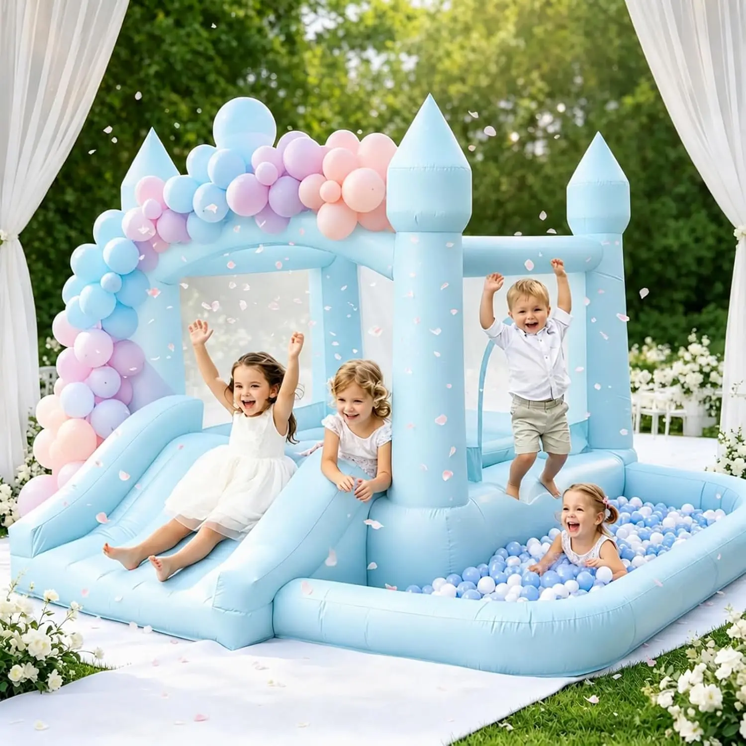 

Colorful Inflatable Bouncy Castle with Slide, Air Blower, and Ball Pit - Indoor Outdoor Bounce House for Kids 3-6 Years Toddlers, Birthday Party, Wedding Decor (10ft x 10ft x 7ft)