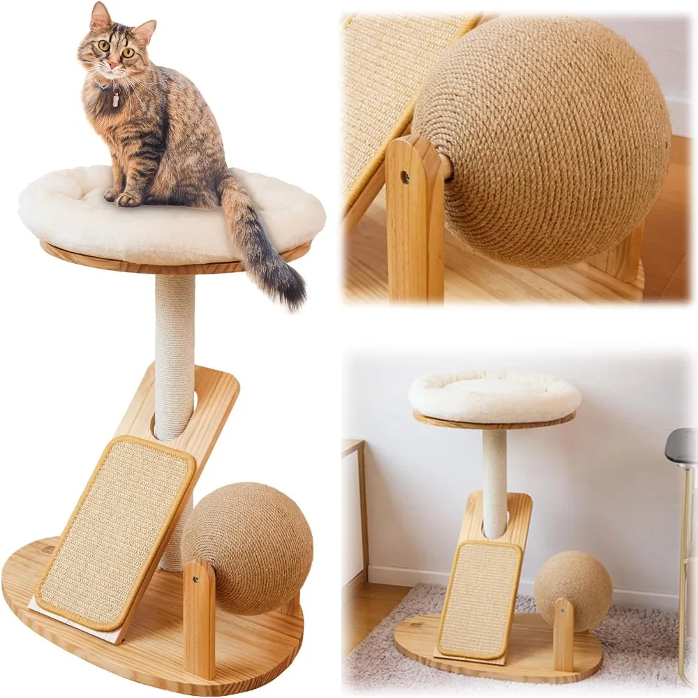 

Wood cat Tree,cat Cloud Perch,cat Climbing Frame,cat Toy with sisal Scratching Board,sisal Ball,30“ Tall Indoor cat House