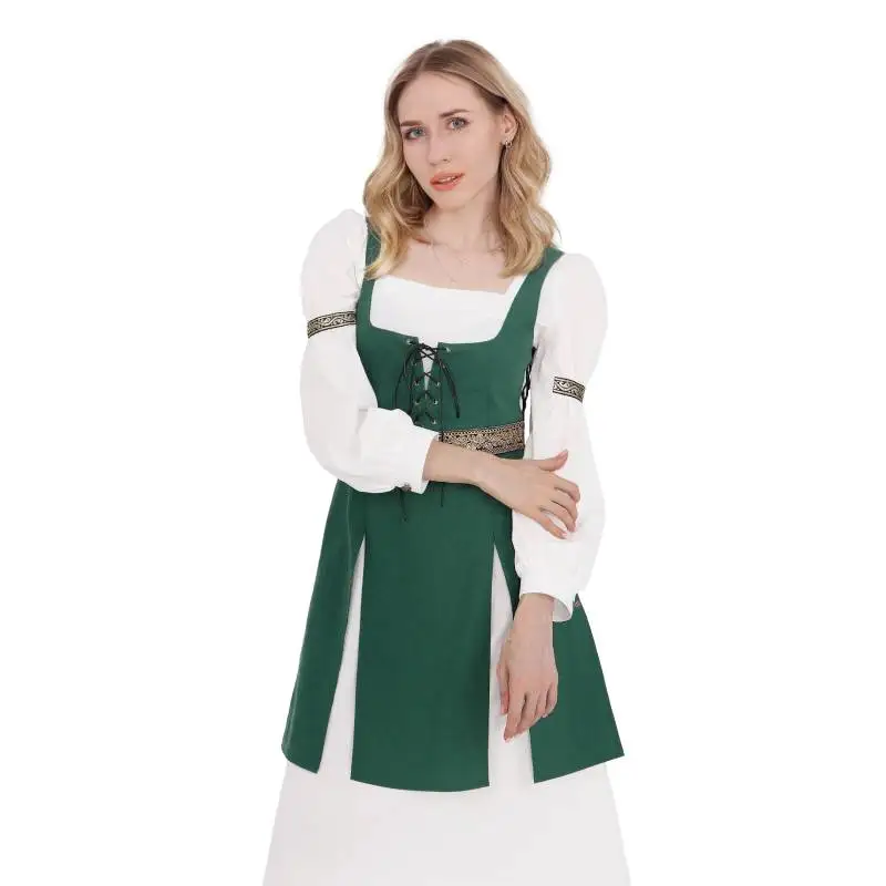 

WENAM Средневековое льняное платье в стиле Ренессанс, викторианское платье, костюм для косплея на Хэллоуин для женщин, зеленый наряд Ren Faire