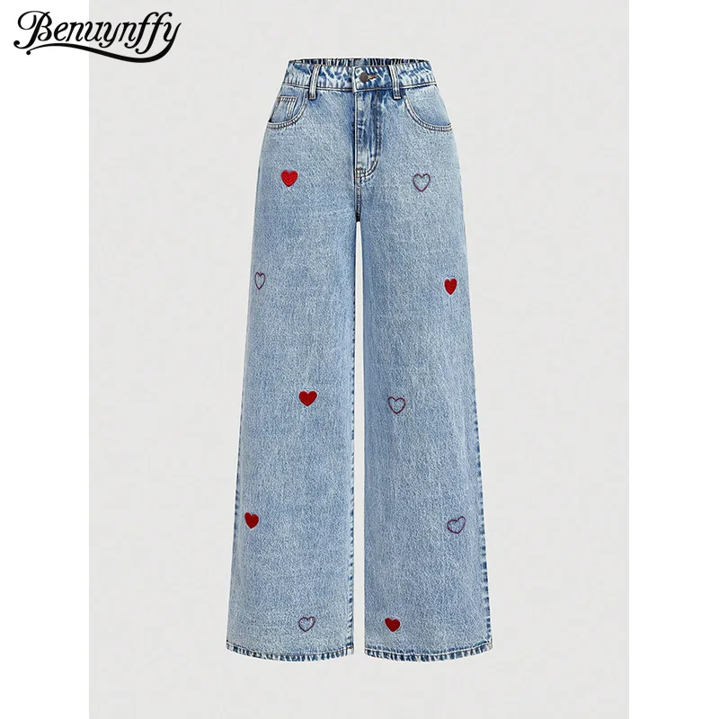

Benuynffy Y2k Mid Waisted Heart Embroidery Jeans Women American Streetwear Vintage Washed Baggy Straight Wide Leg Denim Trousers