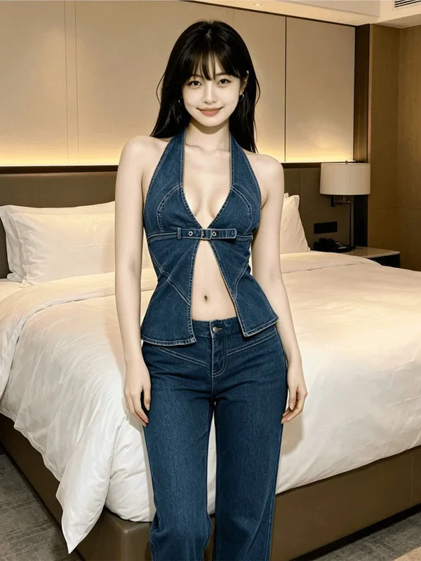 Summer Breathable Hollow out Design Women's Denim Top with Thread Stitching Neck Hanging Buckle Closure Short Length Vest