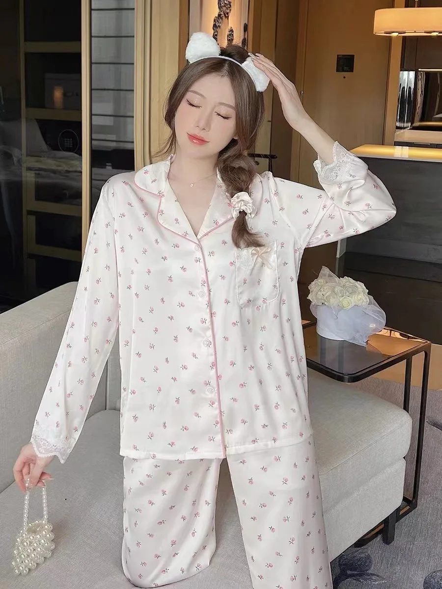 Women\'s Pajamas Sets Spring Autumn 2 Piece Print Pyjama Faux Silk Satin Sleepwear Long Sleeve Button Pijama Mujer Pjs Homewear