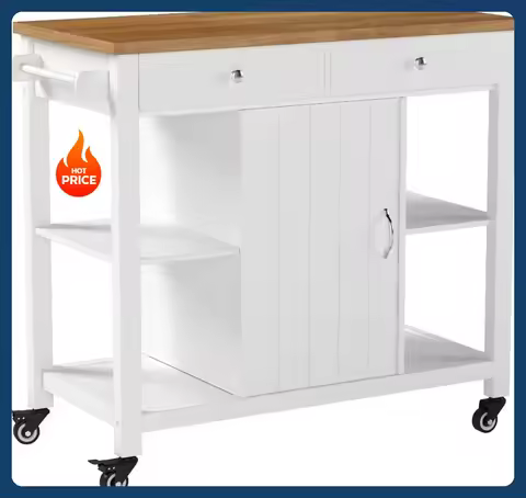[Best Seller!]Kitchen Cart on Wheels with Wood Top, Utility Wood Kitchen Islands with Storage and Drawers, Easy Assembly - White
