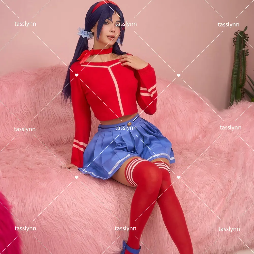 

Game MiSide Anime Cosplay MiSide Cosplay Costume for Women Red Knit Tops Blue JK Skirt Scarf Headwear Mita Halloween Costume