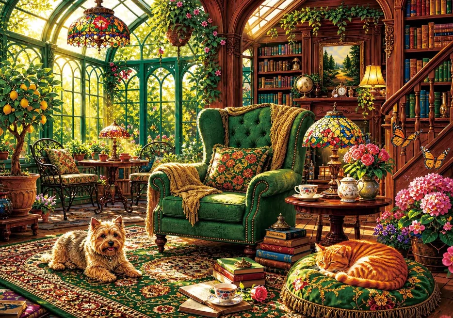 500/1000/1200/2000PCS Jigsaw Puzzle Sunlit Conservatory Study Room Green Armchair Pets Flowers Books DIY Leisure Decor Present