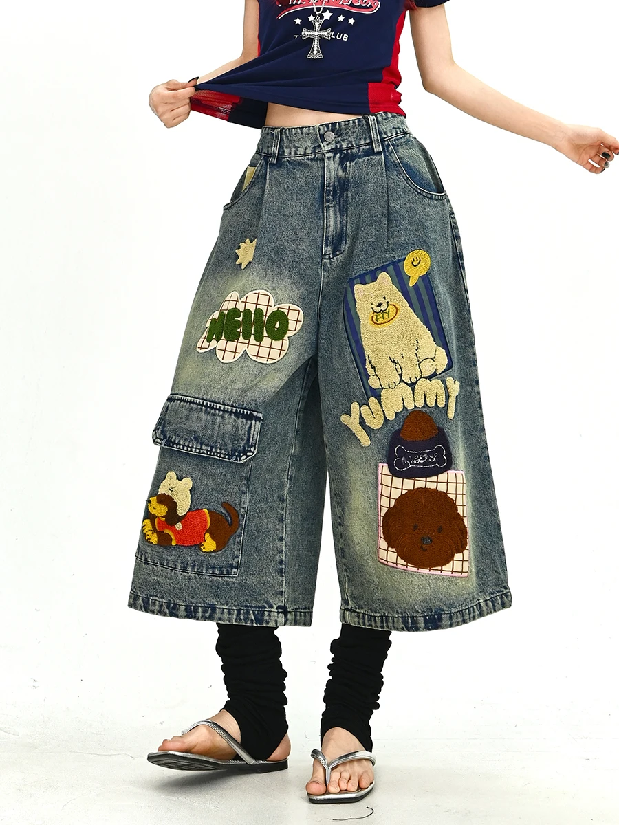 Lazy Cartoon Workwear Jeans Women's Loose BF Fun Vintage Seven-Foot Wide Leg Pants Trendy Casual Loose Fit Youth Summer Jeans