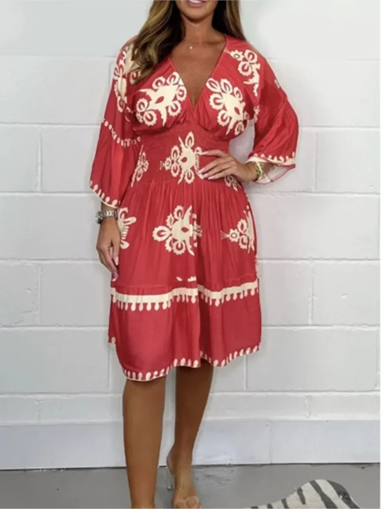 Summer Sexy V-neck Boho Dress Loose Half Sleeve Elastic High Waist A-line Midi Dresses for Women Fashion Beachdress Robe