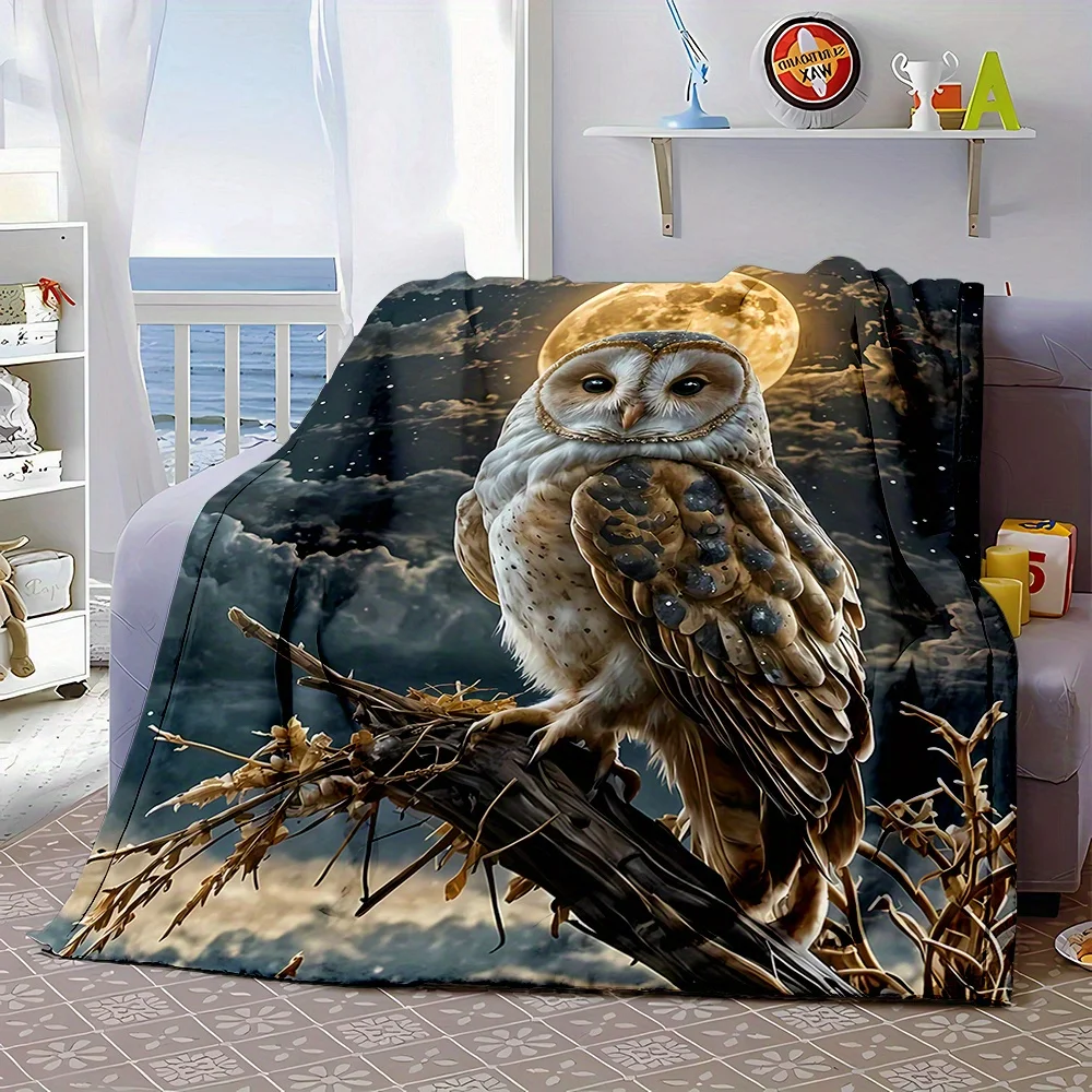 Cozy White Owl on Tree Top Print Throw Blanket - Soft, Warm Flannel with Starry Night Design for Couch, Bed, Office Nap