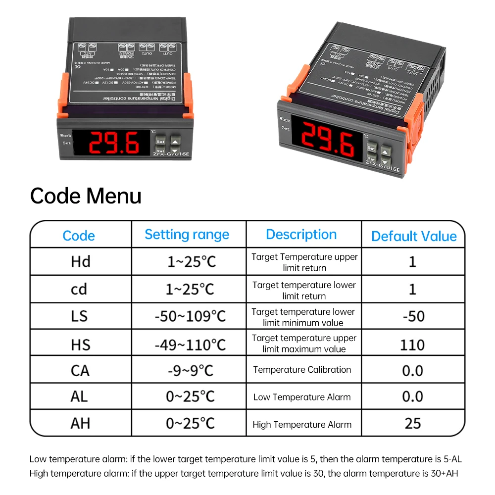 G7016E Digital LED Temperature Controller Heating Cooling Thermostat 10A 30A Relay Output with NTC Sensor Probe 12V 24V