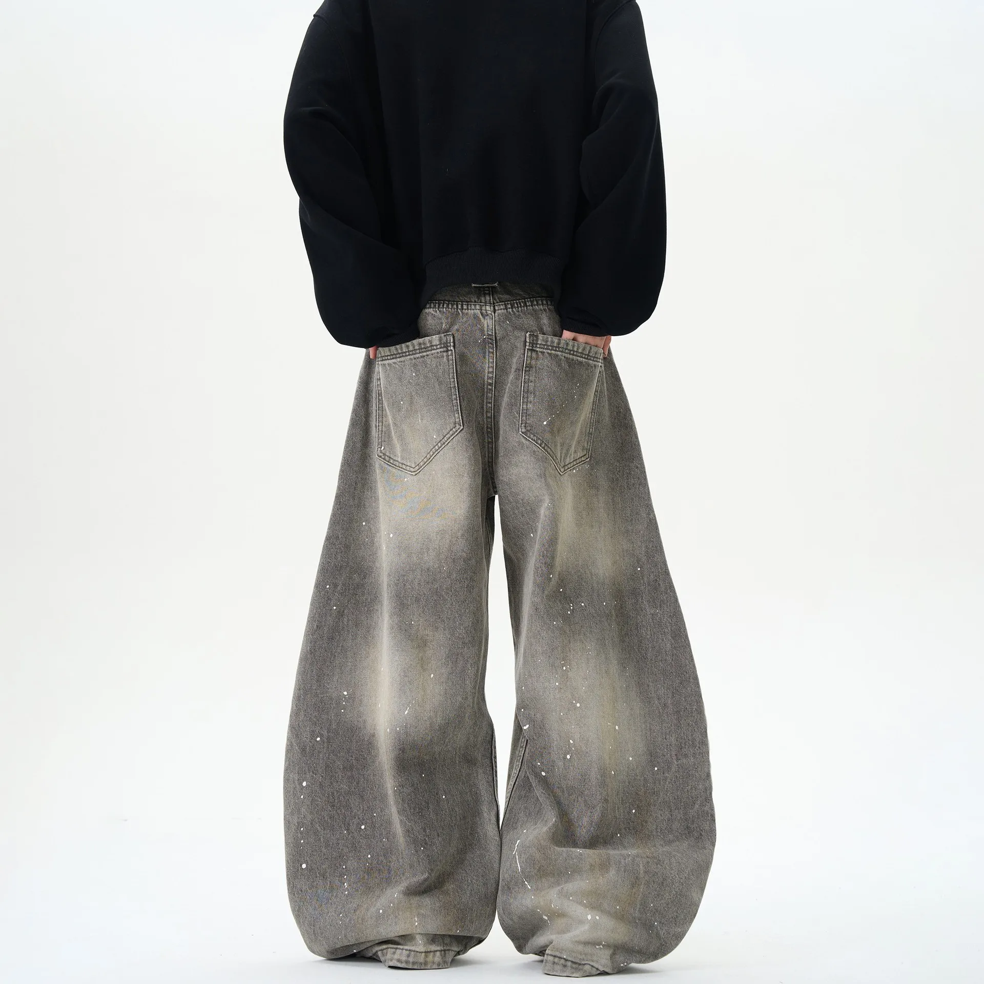 Korean Fashion High Street Vintage Washed Grey Wide Leg Pants Men's Streetwear Harajuku Oversized Casual Baggy Denim Trousers