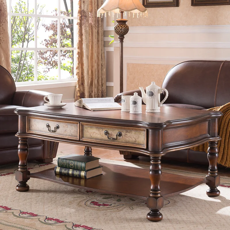 

Country coffee table double table retro made old painted furniture four drawers walnut brown