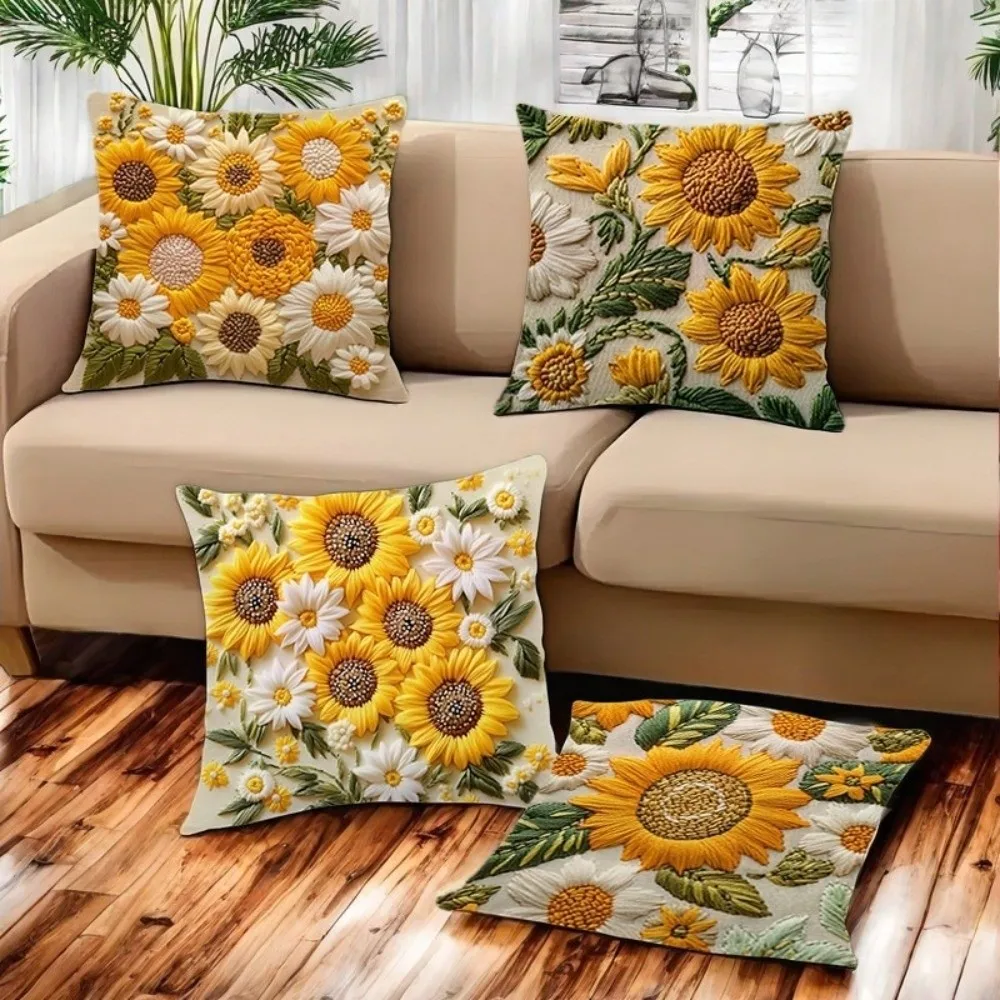 1pc/4pcs New 3D Sunflowers Pillow Cover Flower Theme Cushion Covers Breathable 45 x 45 Square Linen Pillowcase Home Decoration