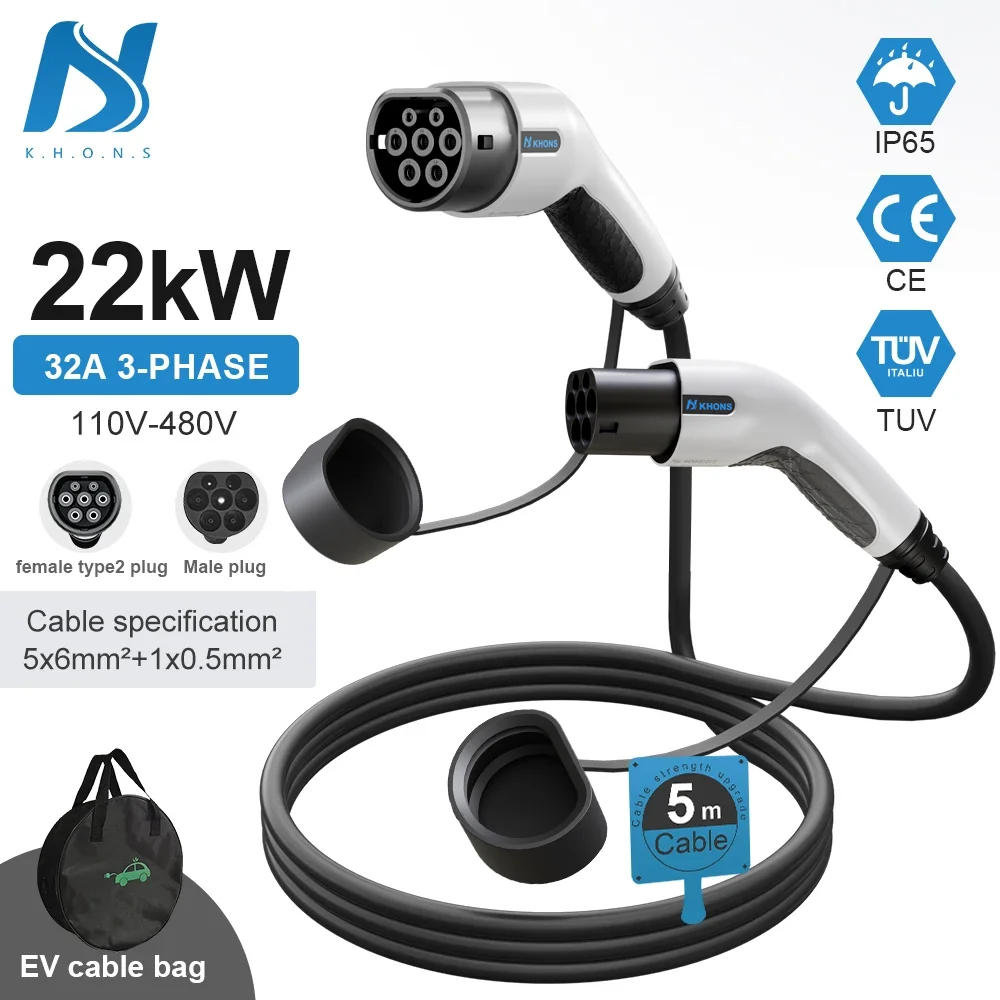 Khons EV Type2 Cable 22kw Three-Phase Electric Vehicle Charging Cable 16A 32A 11KW EV Charger Female Plug To Male Plug IEC62196