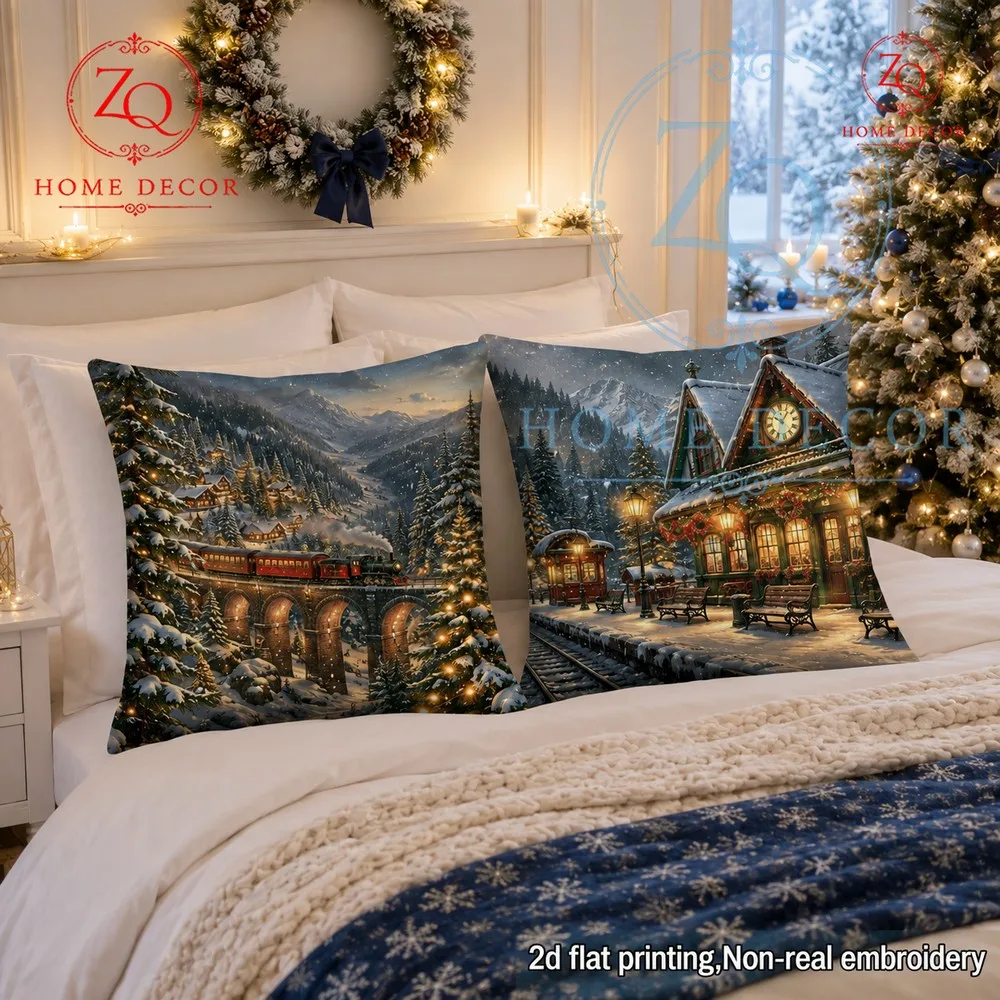 This Christmas snow mountain  train stion pillowcase exudes a retro wintery mosphere with warm lighting  a snow scene