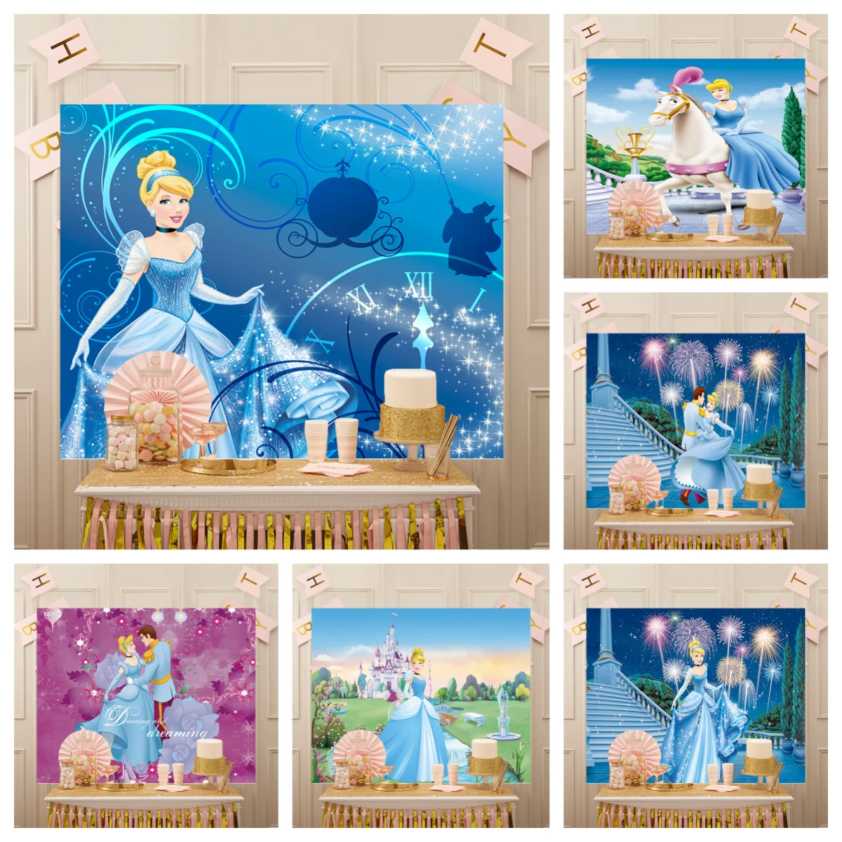 Disney Princess  Cinderella Banner Baby Shower Photocall Blue Dress Blonde Backdrop Girls Birthday Party Decor Photo Background