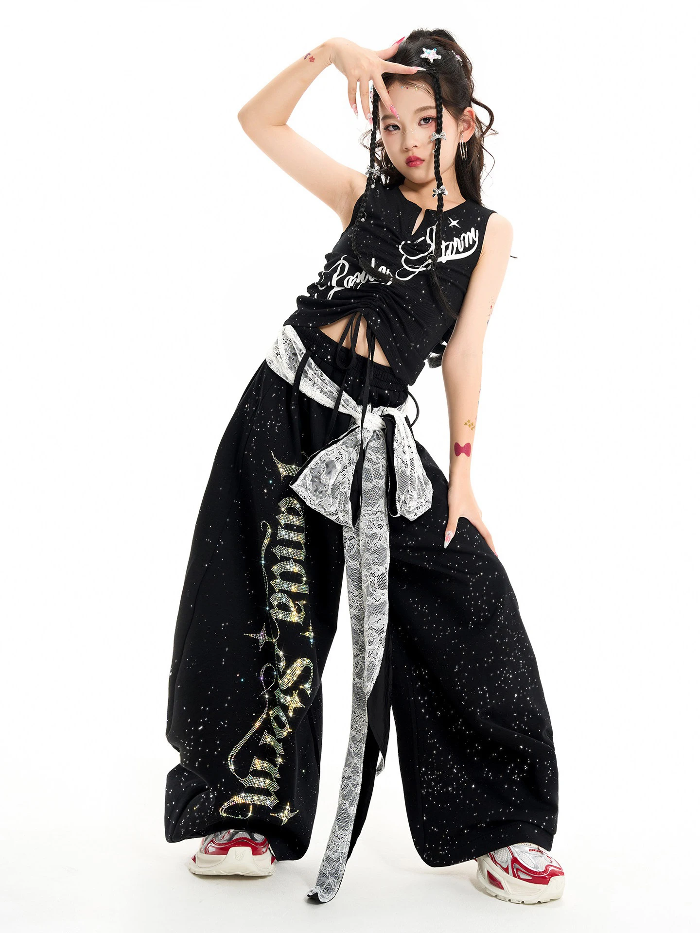 Girls Hip Hop Dance Clothes Kpop Jazz Dance Black Crop Tops Pants Summer Kids Fashion Street Dancewear Runway Outfits BL19899